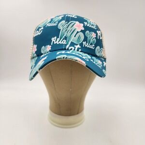 Womens Cactus Print Ponytail Trucker Hat Teal Tan Mesh Baseball Cap EUC